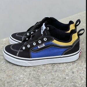 Vans Kids Black/Blue Low Top Sneakers with Yellow Accent